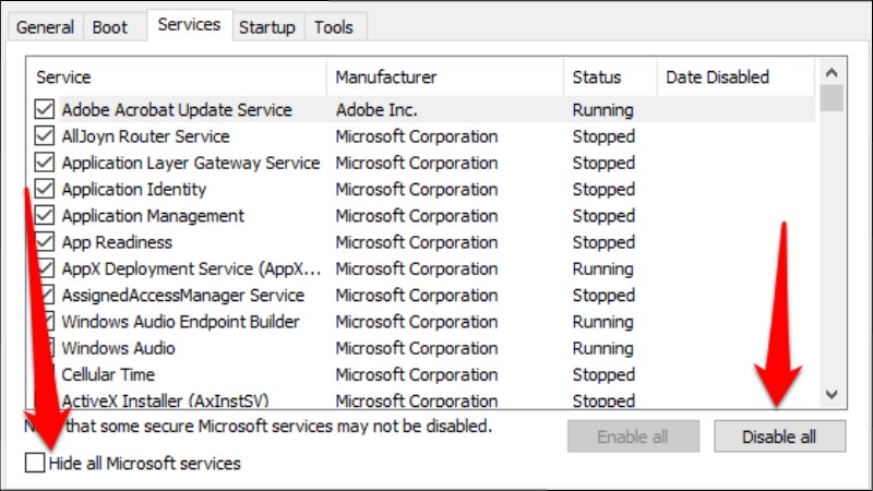 Chọn Hide all Microsoft services > Disable all Hướng dẫn 8 cách khắc phục lỗi Task Host Window đơn giản, chi tiết - Thegioididong.com