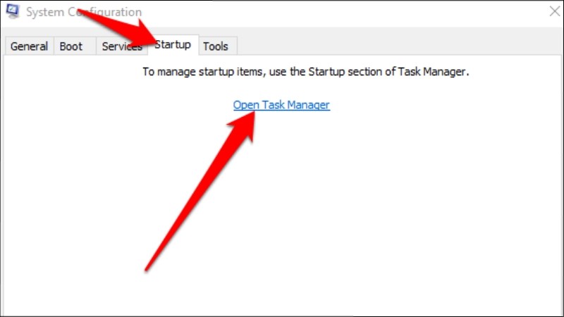 Trên tab Startup của System Configuration, chọn Open Task Manager Hướng dẫn 8 cách khắc phục lỗi Task Host Window đơn giản, chi tiết - Thegioididong.com
