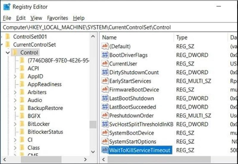 Chọn Control trong khung cửa sổ bên phải > nhấp đúp vào WaitToKillServiceTimeout Hướng dẫn 8 cách khắc phục lỗi Task Host Window đơn giản, chi tiết - Thegioididong.com