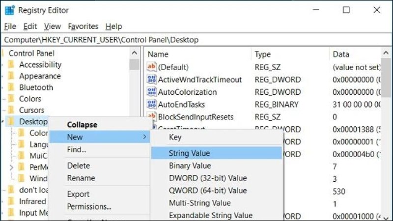 Click chuột phải vào Desktop > chọn New > String Value Hướng dẫn 8 cách khắc phục lỗi Task Host Window đơn giản, chi tiết - Thegioididong.com