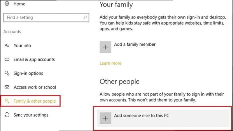 Chọn Family & other users > Click chọn Add someone else to this PC Hướng dẫn 8 cách khắc phục lỗi Task Host Window đơn giản, chi tiết - Thegioididong.com